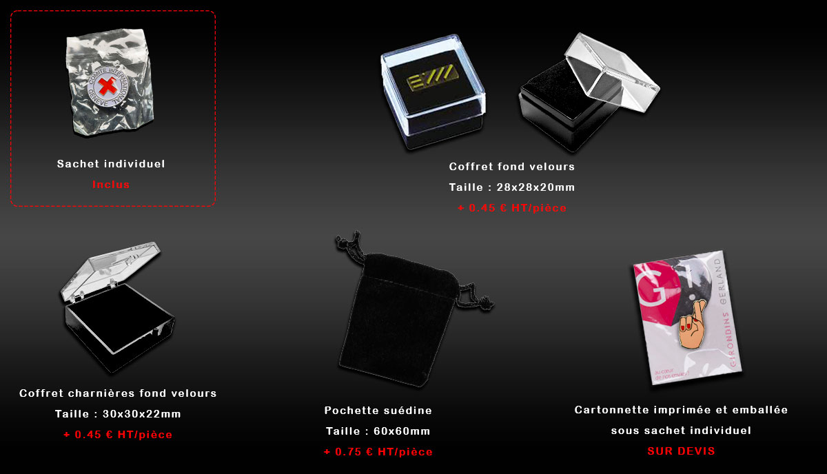 présentation des emballages des pin's et insignes personnalisés
